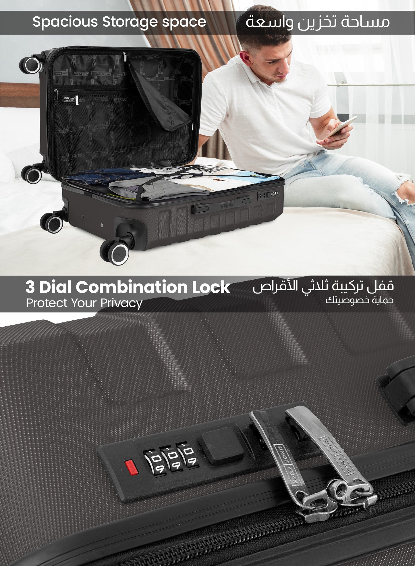 AeroShield Lightweight ABS Hard Side 8 Wheels Spinner Luggage checked in Trolley Bag with Lock 24 Inch PARA JOHN