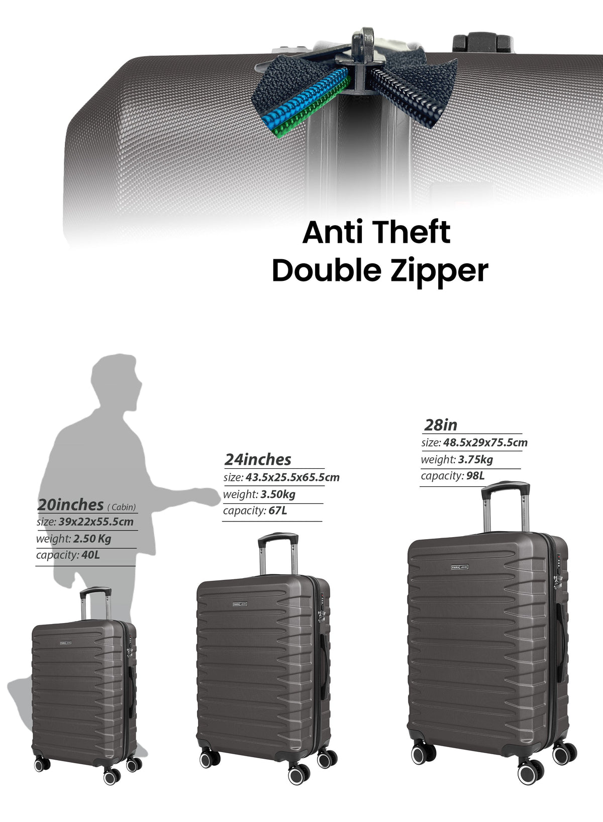 AeroShield Lightweight ABS Hard Side 8 Wheels Spinner Luggage checked in Trolley Bag with Lock 24 Inch PARA JOHN