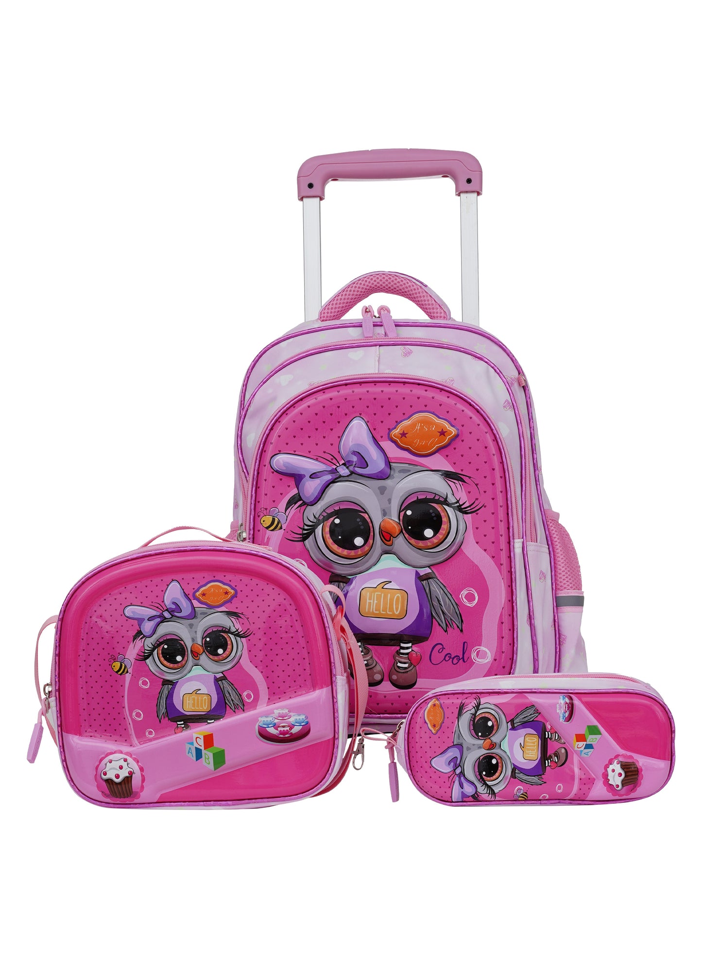 Para John KiddyGo 3-in-1 Kids Trolley School Bag Set – 16 Inch Rolling Backpack with Lunch Bag & Pencil Case | Cartoon Design | Lightweight & Durable