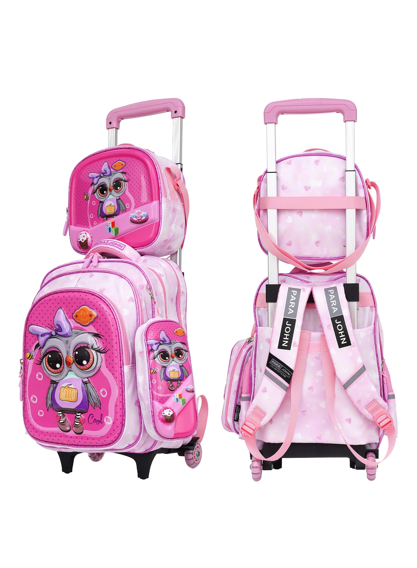 Para John KiddyGo 3-in-1 Kids Trolley School Bag Set – 16 Inch Rolling Backpack with Lunch Bag & Pencil Case | Cartoon Design | Lightweight & Durable