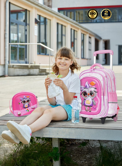 Para John KiddyGo 3-in-1 Kids Trolley School Bag Set – 16 Inch Rolling Backpack with Lunch Bag & Pencil Case | Cartoon Design | Lightweight & Durable