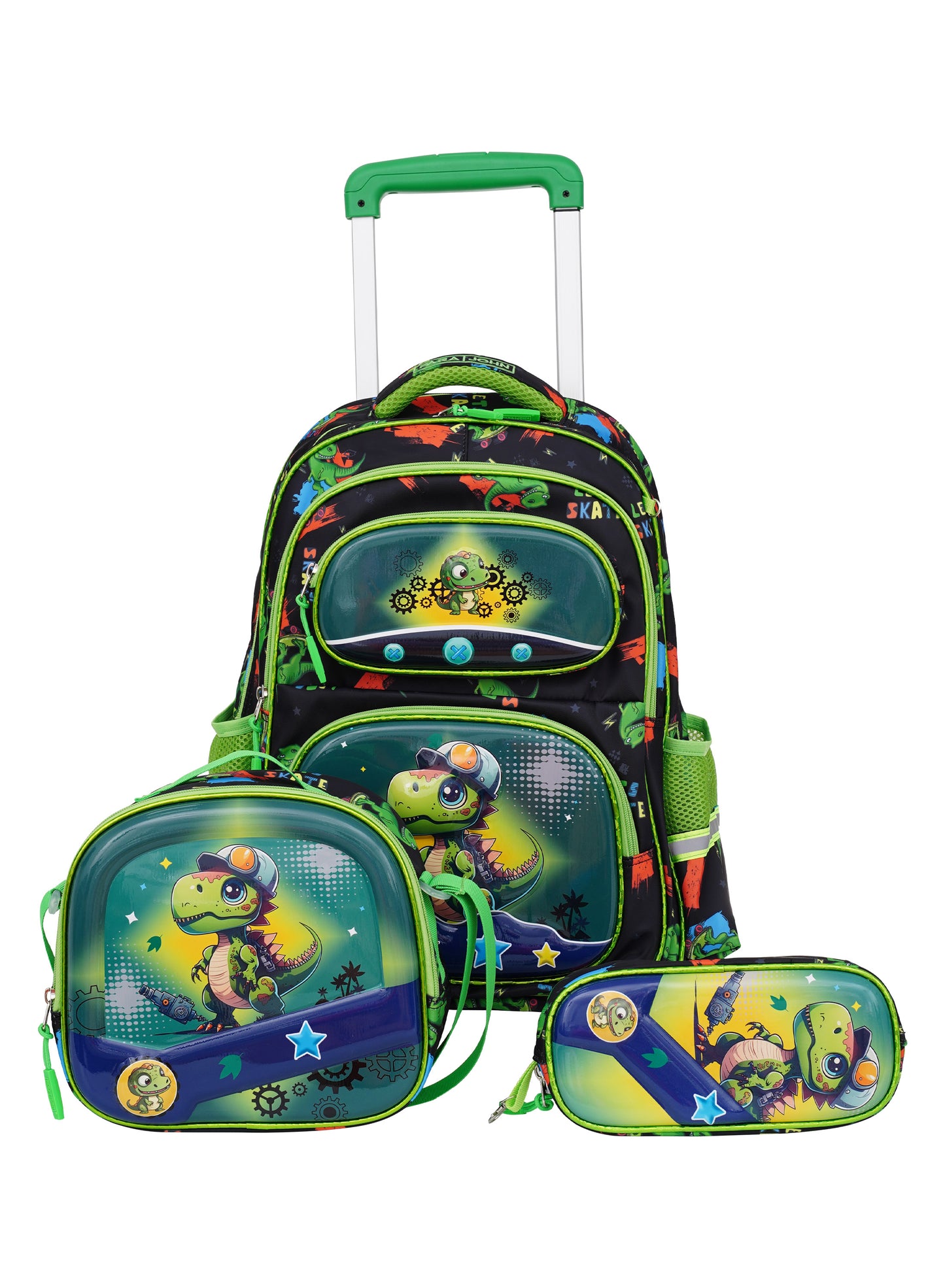 Para John KiddoKit 3-in-1 Kids Trolley School Bag Set – 18-inch Rolling Backpack with Lunch Bag & Pencil Case | Cartoon Design | Lightweight & Durable