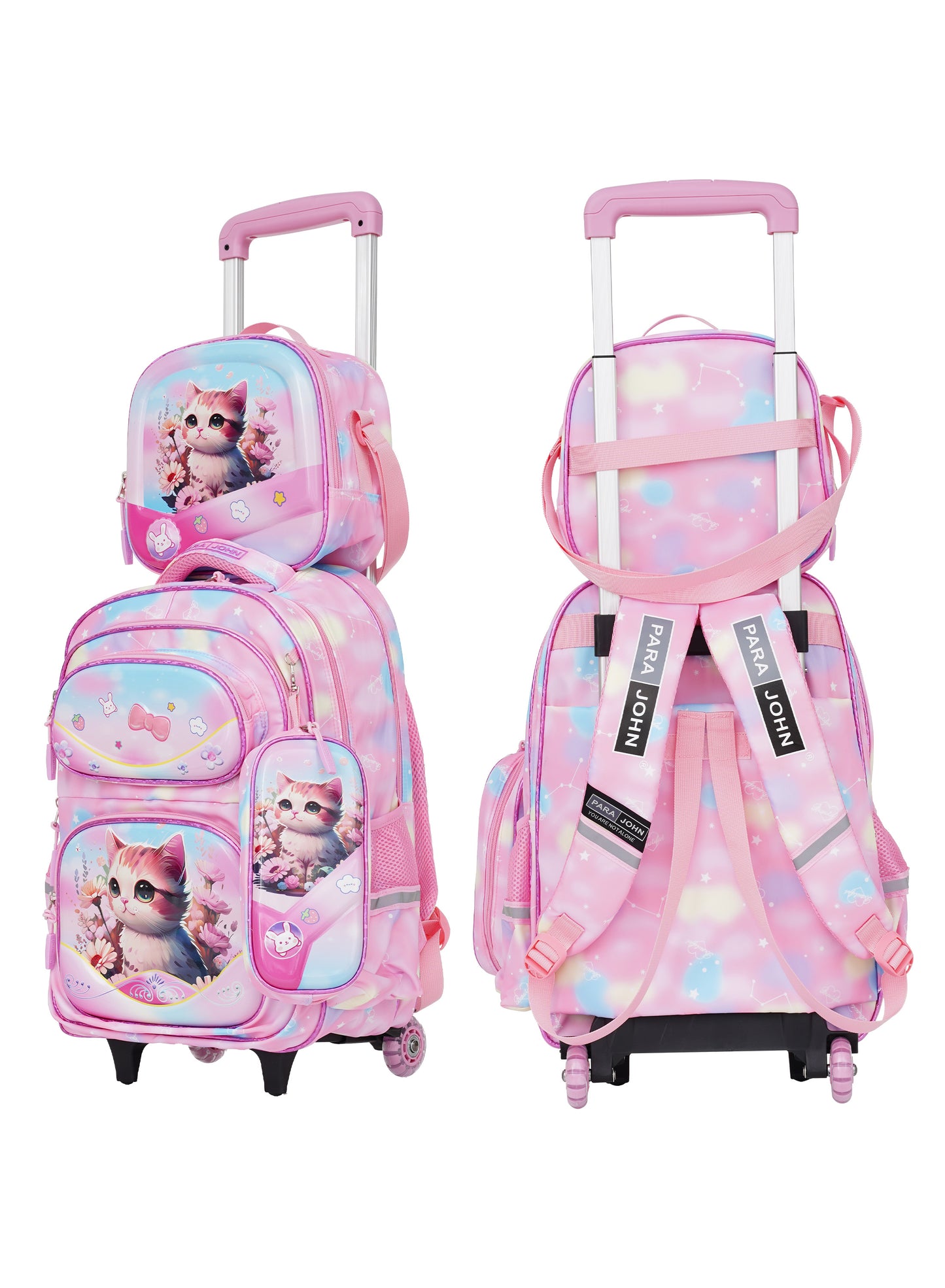 Para John KiddoKit 3-in-1 Kids Trolley School Bag Set – 18-inch Rolling Backpack with Lunch Bag & Pencil Case | Cartoon Design | Lightweight & Durable