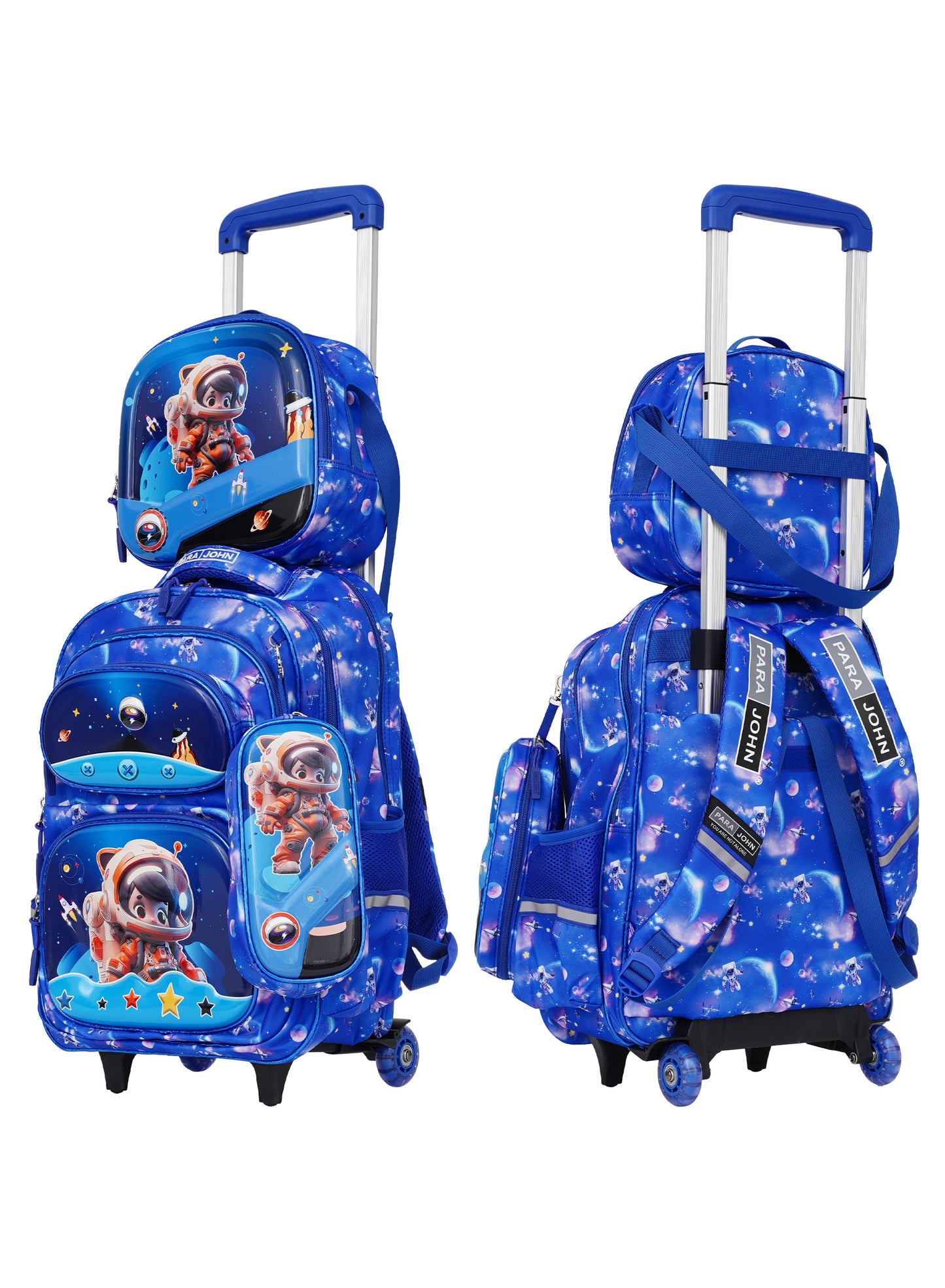 Para John KiddoKit 3-in-1 Kids Trolley School Bag Set – 18-inch Rolling Backpack with Lunch Bag & Pencil Case | Cartoon Design | Lightweight & Durable