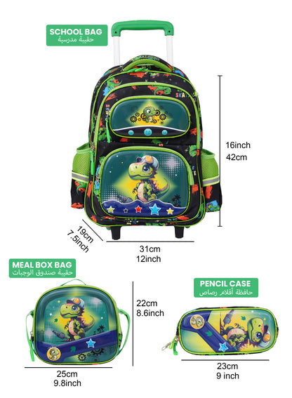 Para John KiddoKit 3-in-1 Kids Trolley School Bag Set – 18-inch Rolling Backpack with Lunch Bag & Pencil Case | Cartoon Design | Lightweight & Durable