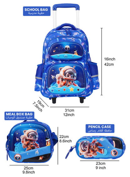 Para John KiddoKit 3-in-1 Kids Trolley School Bag Set – 18-inch Rolling Backpack with Lunch Bag & Pencil Case | Cartoon Design | Lightweight & Durable
