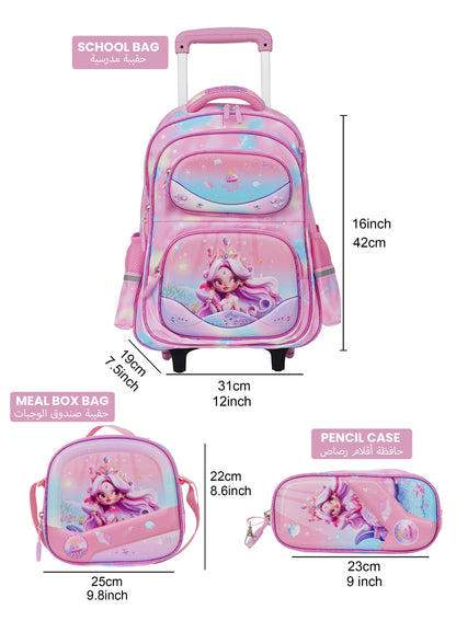 Para John KiddoKit 3-in-1 Kids Trolley School Bag Set – 18-inch Rolling Backpack with Lunch Bag & Pencil Case | Cartoon Design | Lightweight & Durable