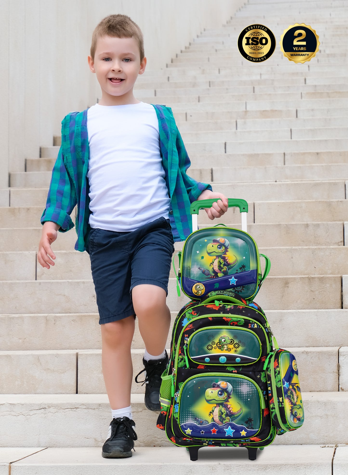 Para John KiddoKit 3-in-1 Kids Trolley School Bag Set – 18-inch Rolling Backpack with Lunch Bag & Pencil Case | Cartoon Design | Lightweight & Durable