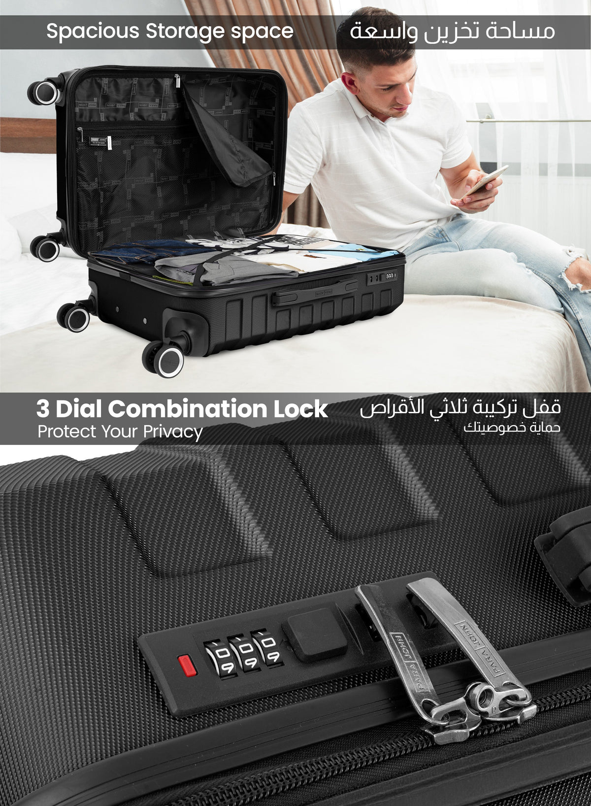 AeroShield Lightweight ABS Hard Side 8 Wheels Spinner Luggage Cabin Trolley Bag with Lock 20 Inch PARA JOHN
