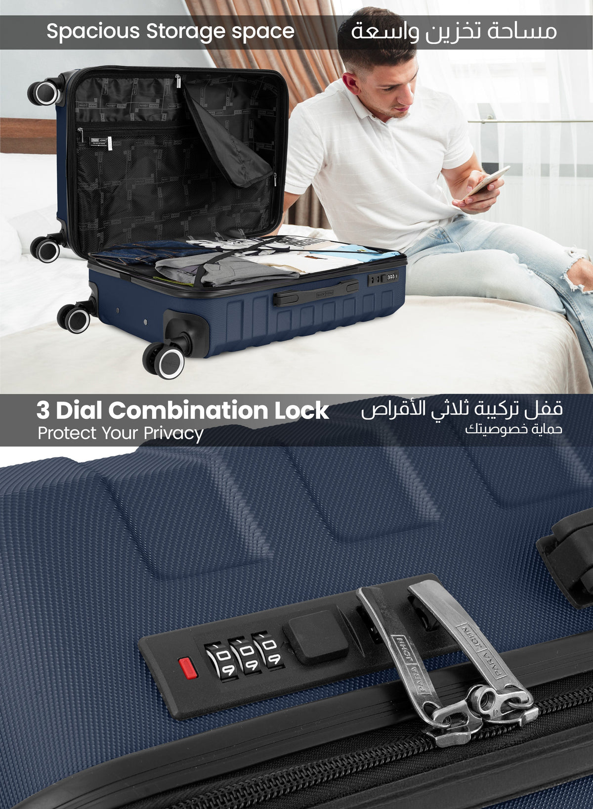 AeroShield Lightweight ABS Hard Side 8 Wheels Spinner Luggage Cabin Trolley Bag with Lock 20 Inch PARA JOHN