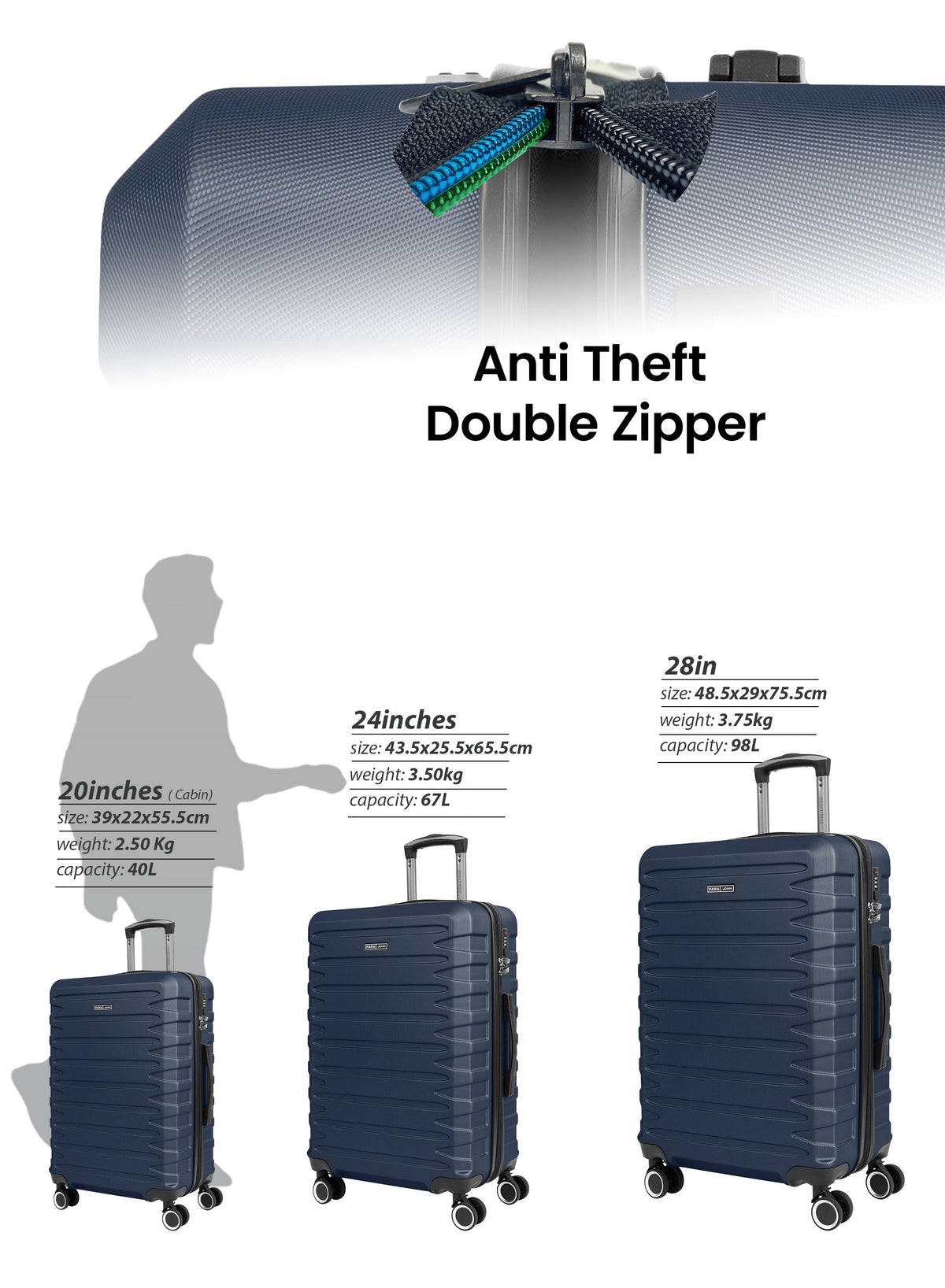 AeroShield Lightweight ABS Hard Side 8 Wheels Spinner Luggage checked in Trolley Bag with Lock 24 Inch PARA JOHN