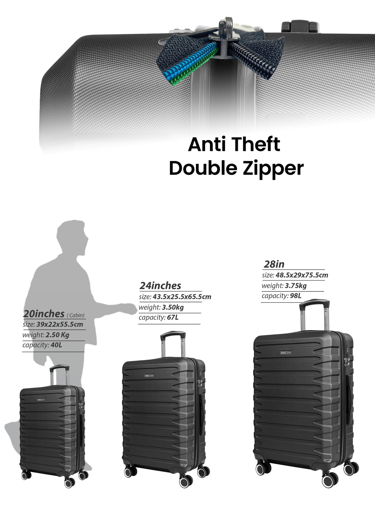 AeroShield Lightweight ABS Hard Side 8 Wheels Spinner Luggage Cabin Trolley Bag with Lock 20 Inch PARA JOHN