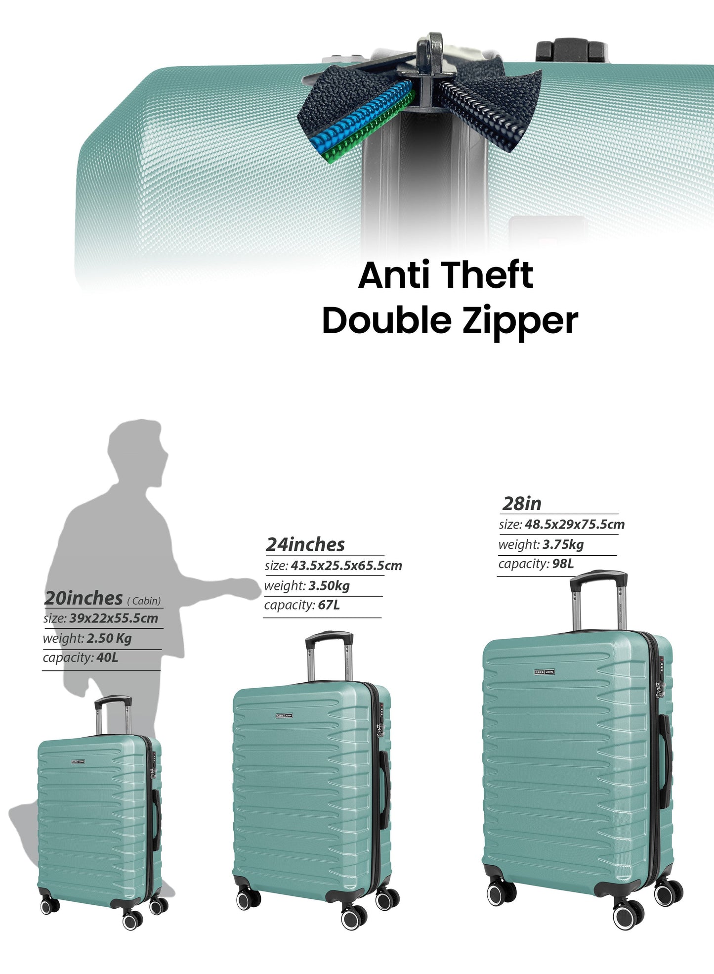 AeroShield Lightweight ABS Hard Side 8 Wheels Spinner Luggage checked in Trolley Bag with Lock 28 Inch PARA JOHN