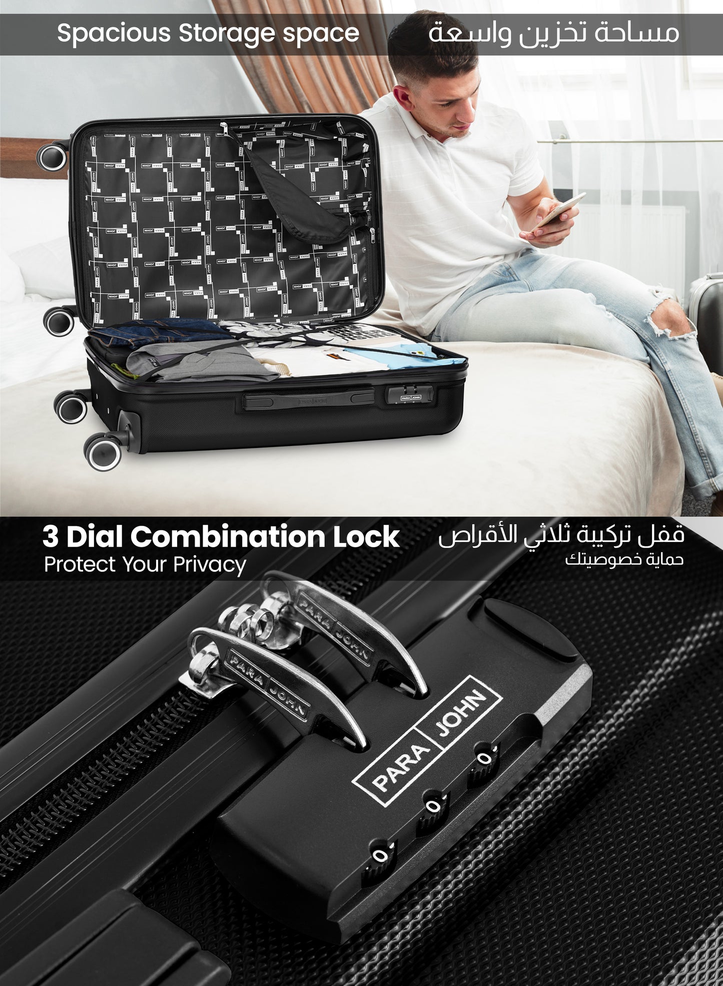 Para John Set of 3 ABS Hard Case Luggage Trolley Bag with 8 Spinner Wheels & Lock – (Small, Medium & Large) PARAJOHN UAE