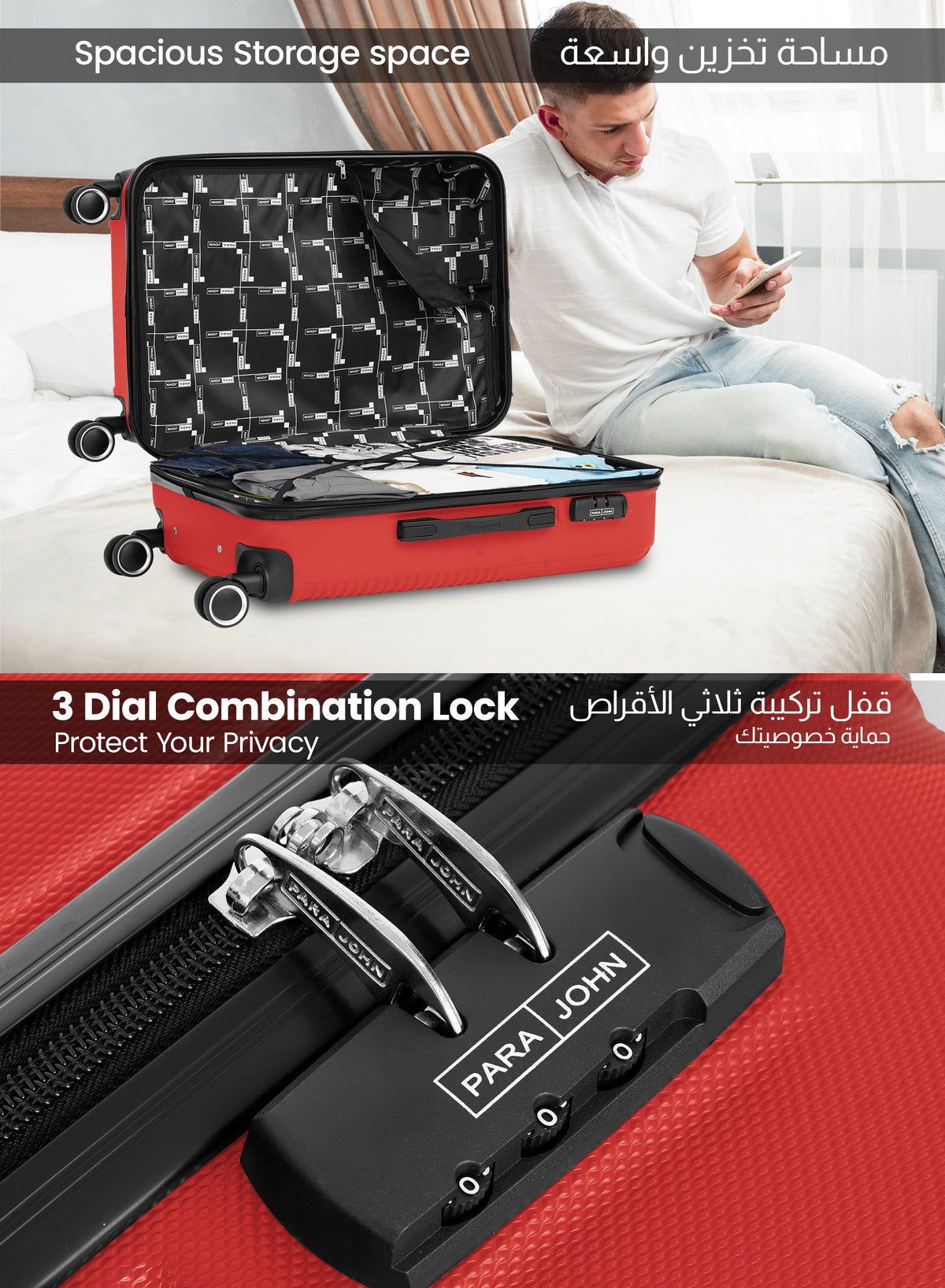 Para John Set of 3 ABS Hard Case Luggage Trolley Bags with 8 Spinner Wheels and Lock – Red (Small, Medium, Large) PARAJOHN UAE